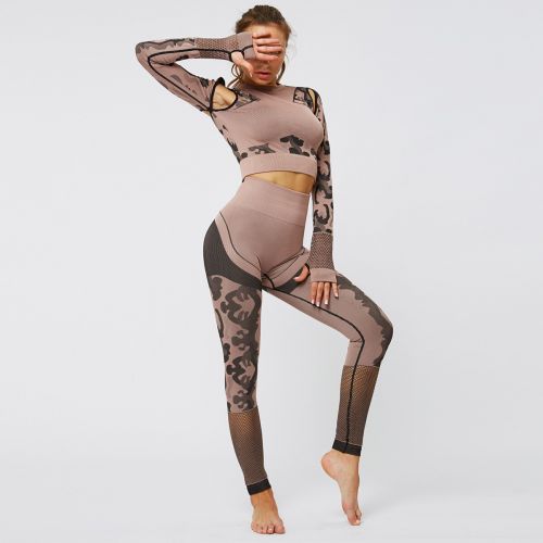 FANLYQ Camouflage hollow yoga clothes suit women's fitness clothes seamless sports long-sleeved hip-lifting tight yoga pants