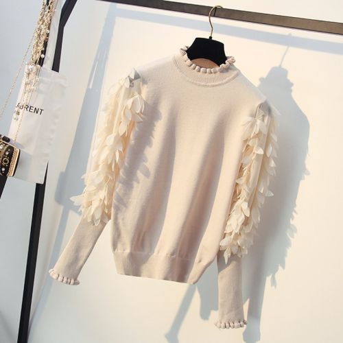 HLBCBG Ruffled Collar Knitted Women Sweater Spring Autumn Loose Jumper Fashion Flowers Sleeves Sweater and Pullover Femme Pull